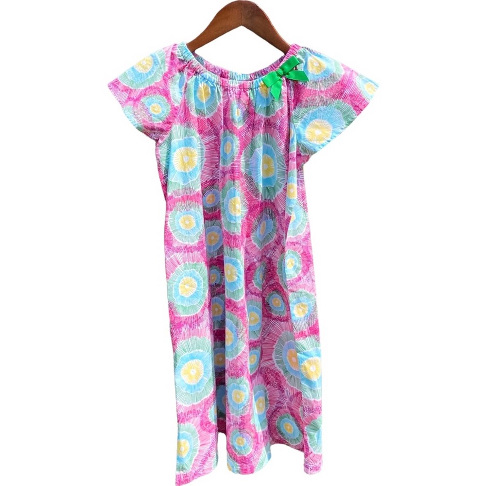 Hanna Andersson Dress Smock Pink and Blue Abstract Short Sleeve Size 140